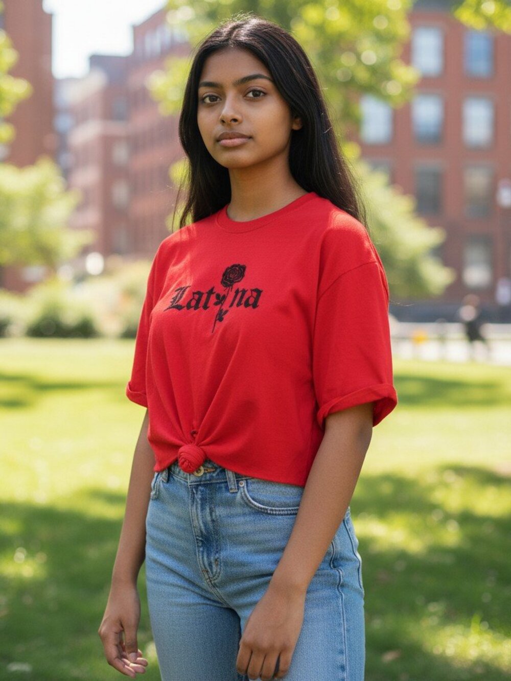 14: Vibe M Red “Latina” Graphic Crop Tee Size XL | Rose Embroidered Tie Front Sh